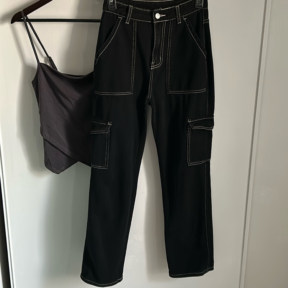 SHEIN Women’s Black Carpenter Utility Denim Jean Pants with Contrast Stitching